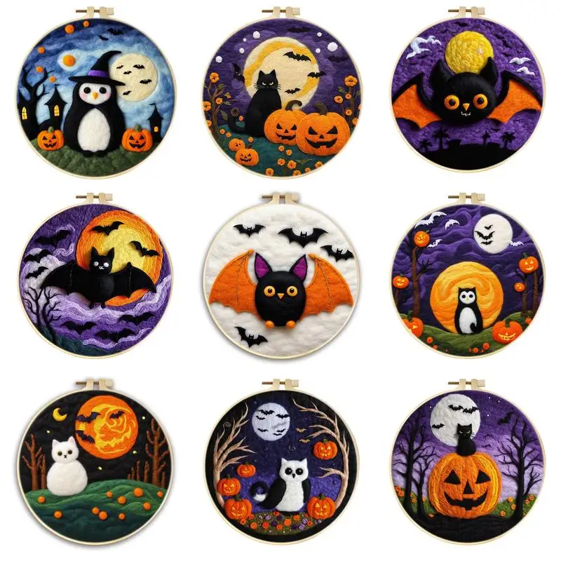 RUOPOTY-Wool Needle Felting Halloween Bat Pumpkin Diy Creative Making Wool Felt Kit Needlework Stitch Craftwork Handmade Crafts