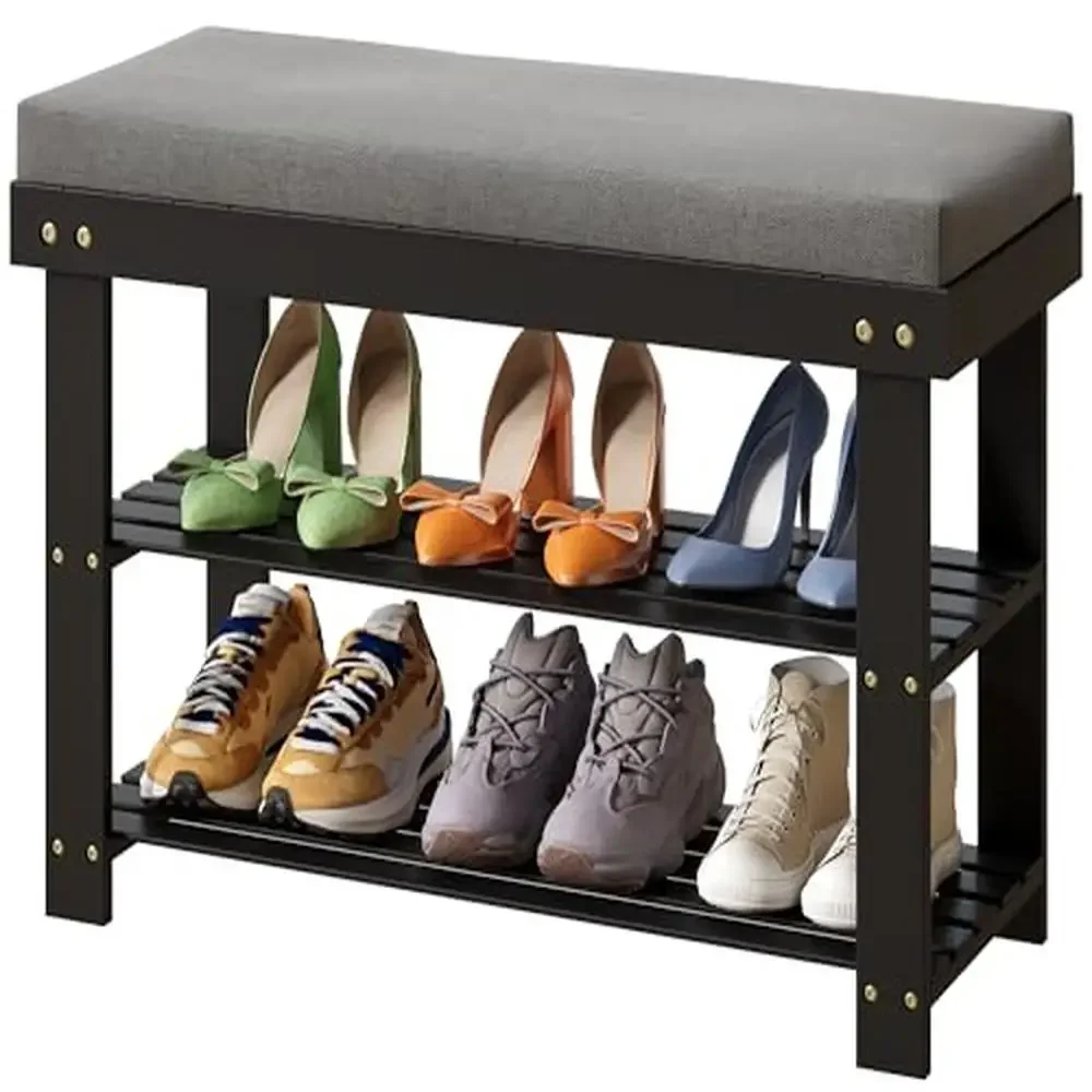 

3-Tier Bamboo Shoe Rack Bench with Padding Shoe Organizer Entryway Bench Seat Easy Assembly Holds 330 lb Solid Wood Shelf