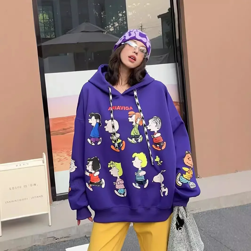 Oversized Graffiti Cartoon Print Hooded Sweatshirts Women 2024 New Spring and Autumn Mid Length Loose Casual Hoodie Coats