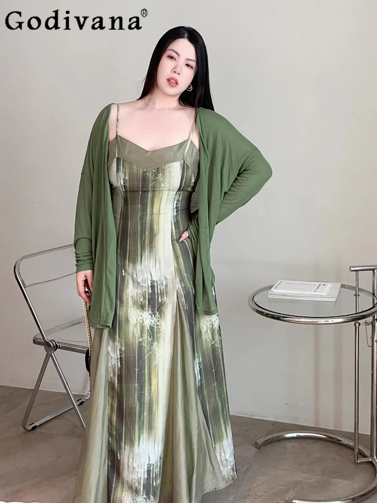 

Large Size XL-4XL New Chinese Loose Mint Green Suspender Dress Spring Summer Print Sexy V-neck Fashion High Waist Long Dresses