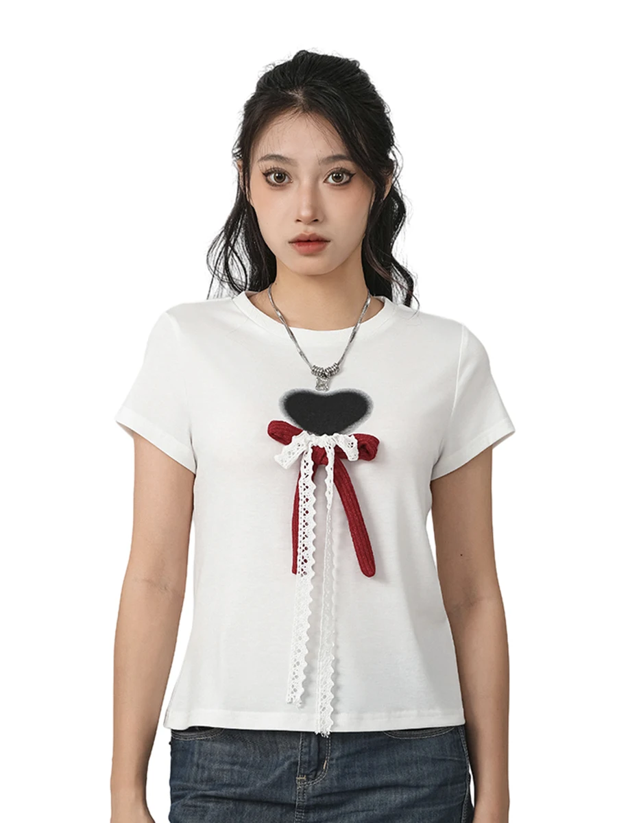 Women s Heart Print T-Shirts Short Sleeve Crew Neck Lace Bow Front Tops Summer T-Shirts