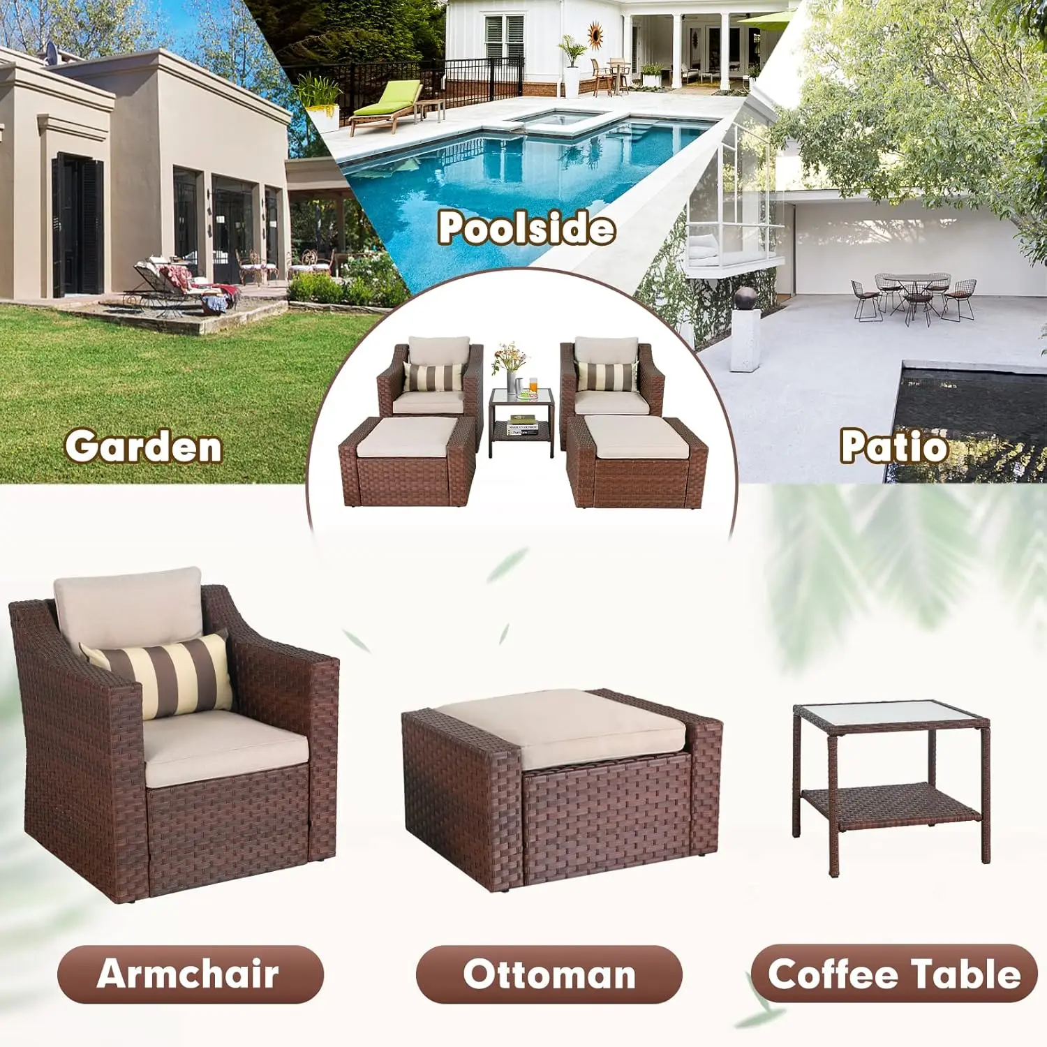 Vime Pátio Conversação Set, Lounge Chair e Otomano, Coffee Table e Almofadas, Outdoor