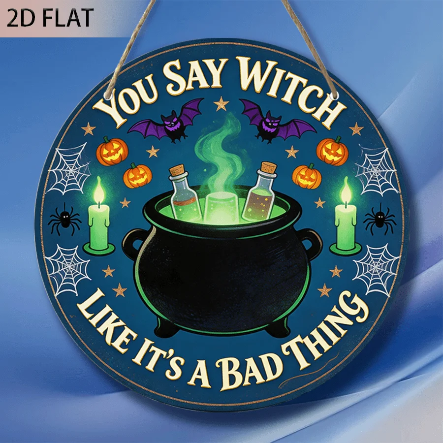 2D Flat, 1pc of Fun Witch's Halloween Cauldron Wall Art Decor, High-quality Printed Wooden Sign Hanger. 7.87x7.87 Inch Round Han