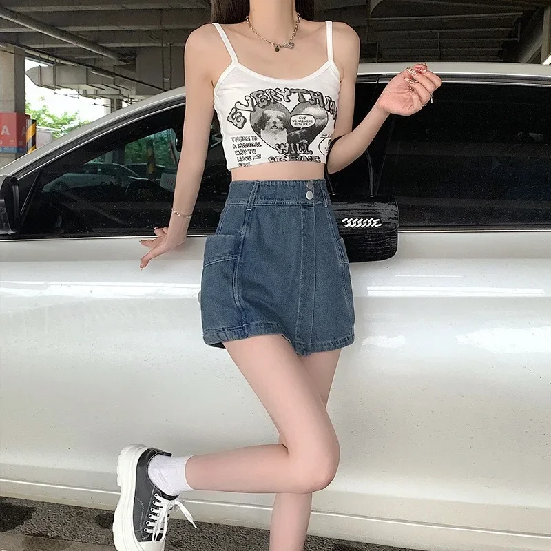 Vintage Denim Shorts Skirt For Women 2025 Summer Fashion Irregular Women's A-Line Mini Skirt Female Street High Waist Skirt