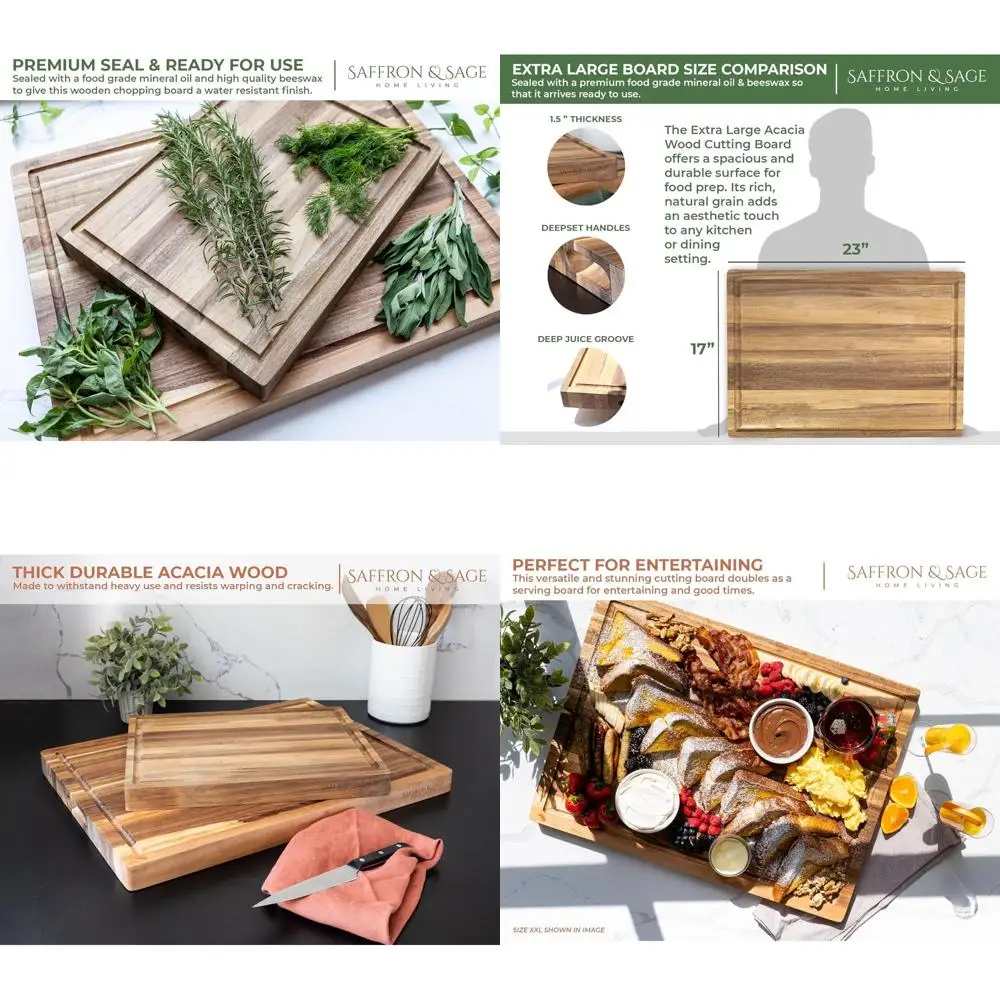 

Разделочная доска из дерева акации толщиной 1,5, 23x17 дюймов — двусторонняя для кухни и мячей, глубокая канавка для сока