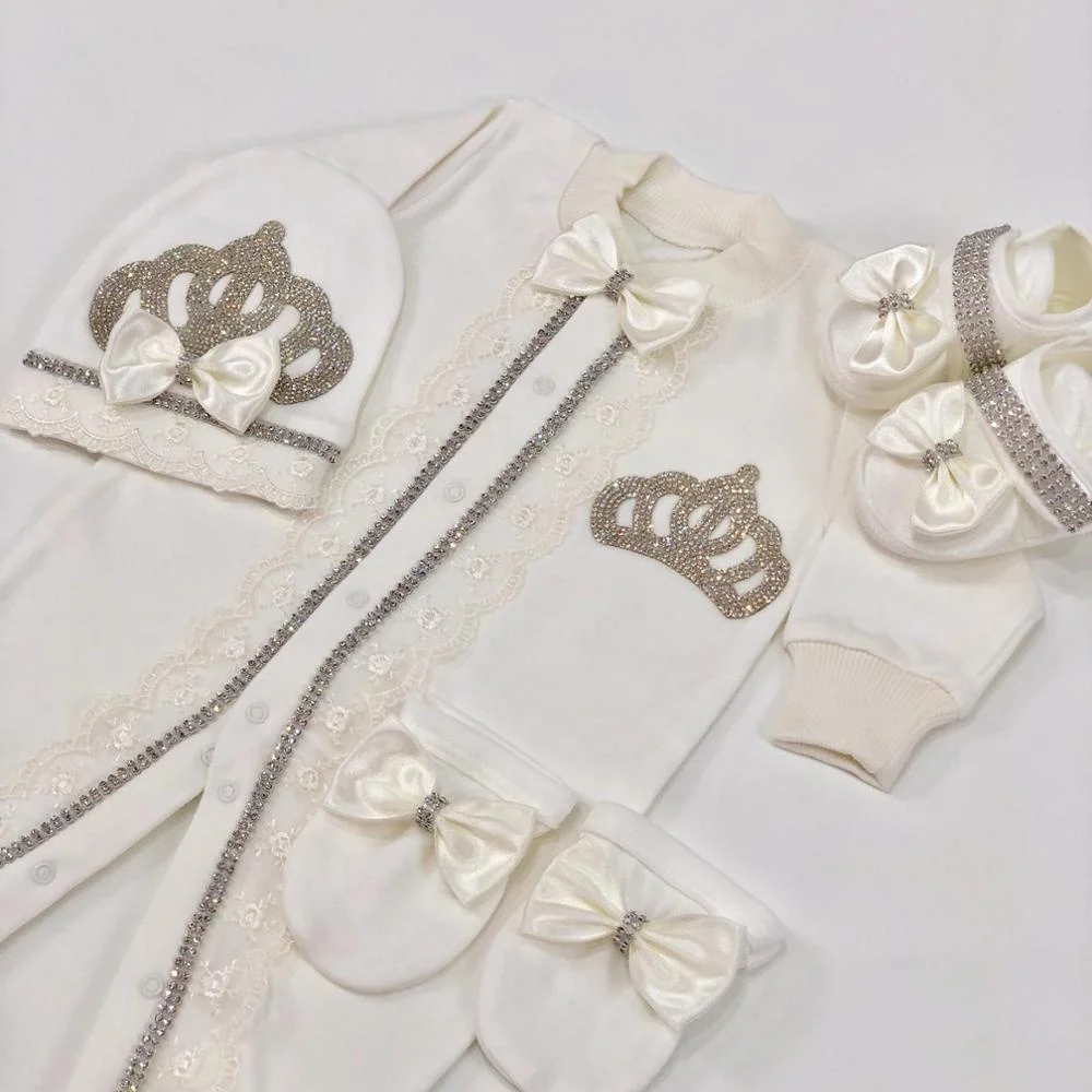 Luxury Baby Princess Romper 0-9 Months 4Pcs Pure White Silver Glitter Crown Lace Trim Satin Bow Footed Jumpsuit