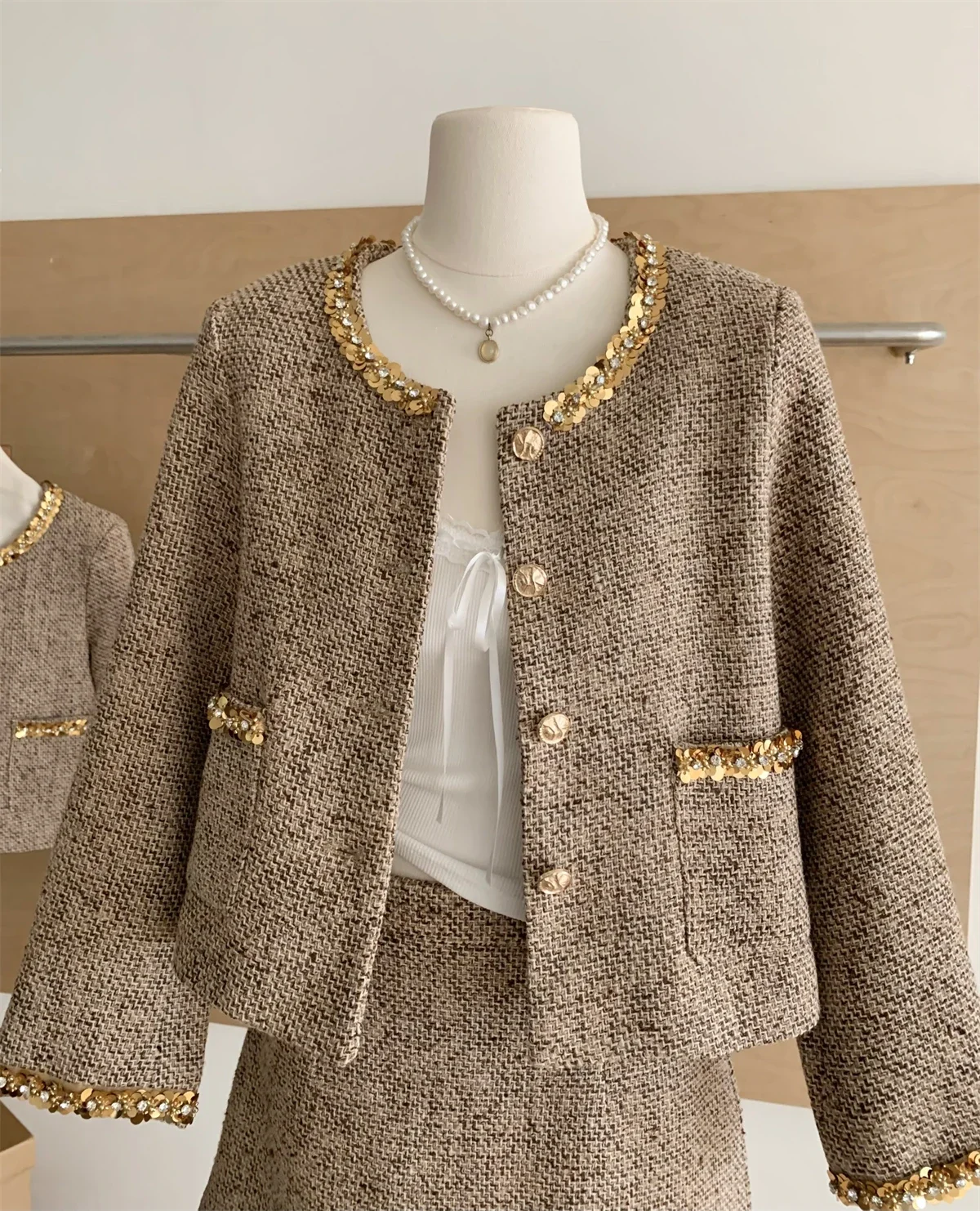 Chaqueta de estilo clásico refinada con lentejuelas para mujer, conjunto de heredera pequeña elegante de alta sociedad, ropa de oficina para mujer, otoño