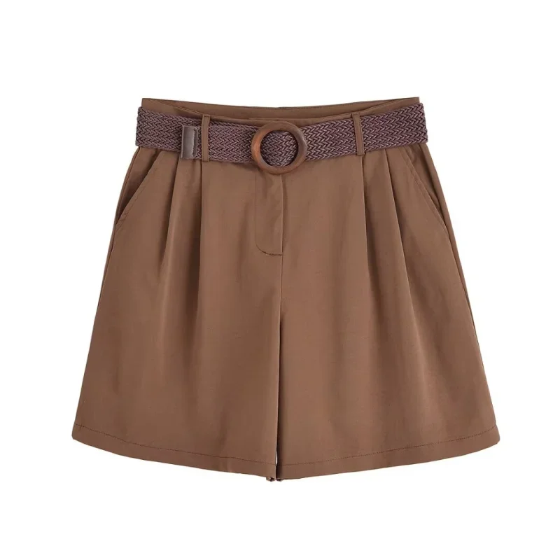리비엘리 여름 신상 여성 캐주얼 휴가 스타일 패션 벨트 포함 루즈핏 플리츠 5부 캐주얼 반바지