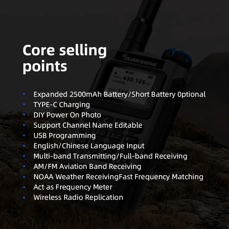 QUANSHENG K1 멀티밴드 무전기 항공 밴드 수신 무선 복사 원키 주파수 매칭 타입-C NOAA 양방향 라디오