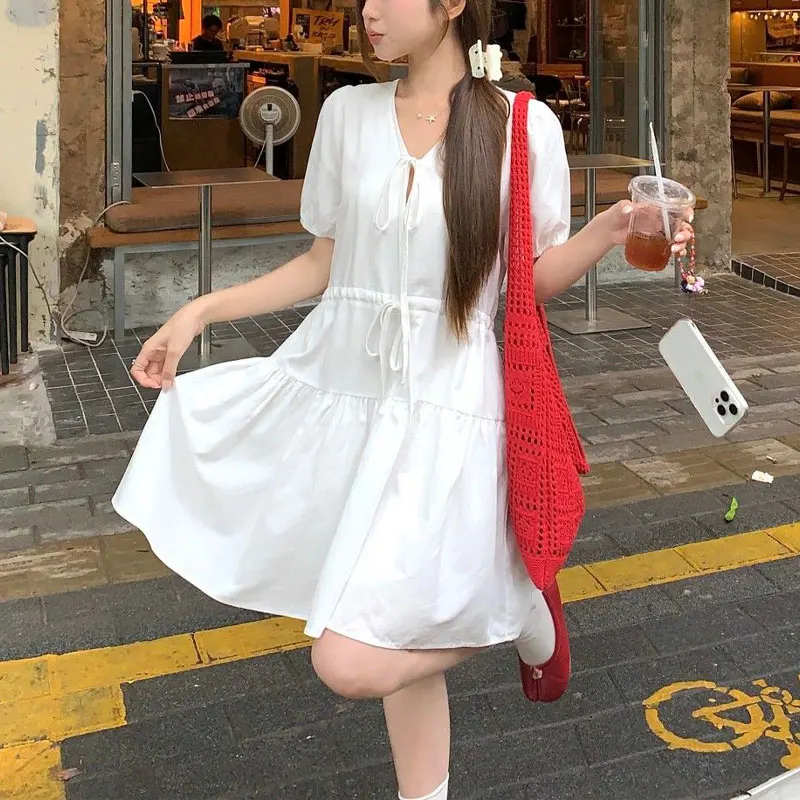 

Summer New Sweet White Mini Dress Stylish Drawstring V-neck Female Clothing Puff Sleeve Doll Folds A-Line Waist Basic Dresses