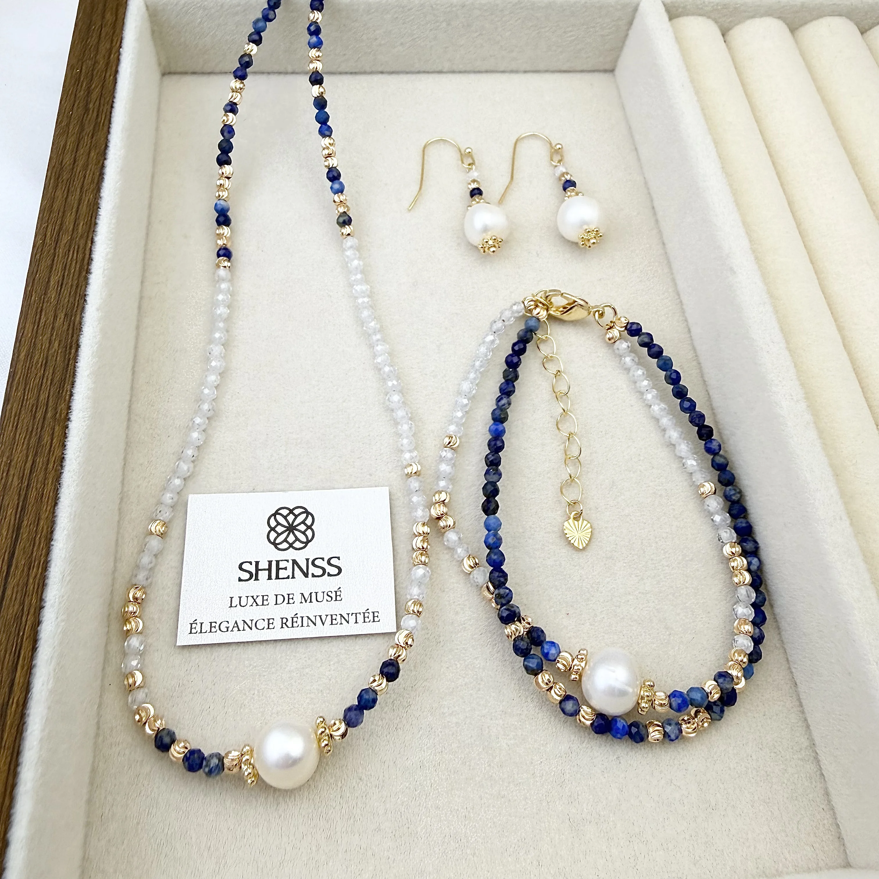 Lapis Lazuli & Zircon Pearl Jewelry Set Luxury Blue-White Contrast Necklace Bracelet Earrings Elegant Versatile Gift for Her view 4