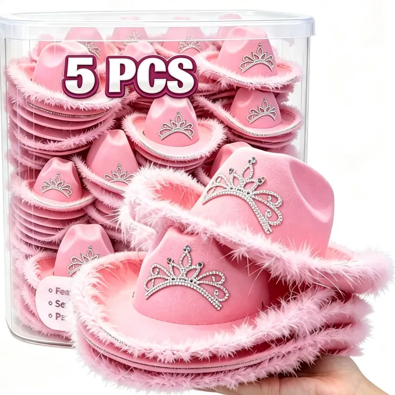1-5pcs Pink Feather Cowboy Hat Crown Spicy Girl Princess Jazz Hats European American Pink Cowboy Cap Girl Water Diamond Decor