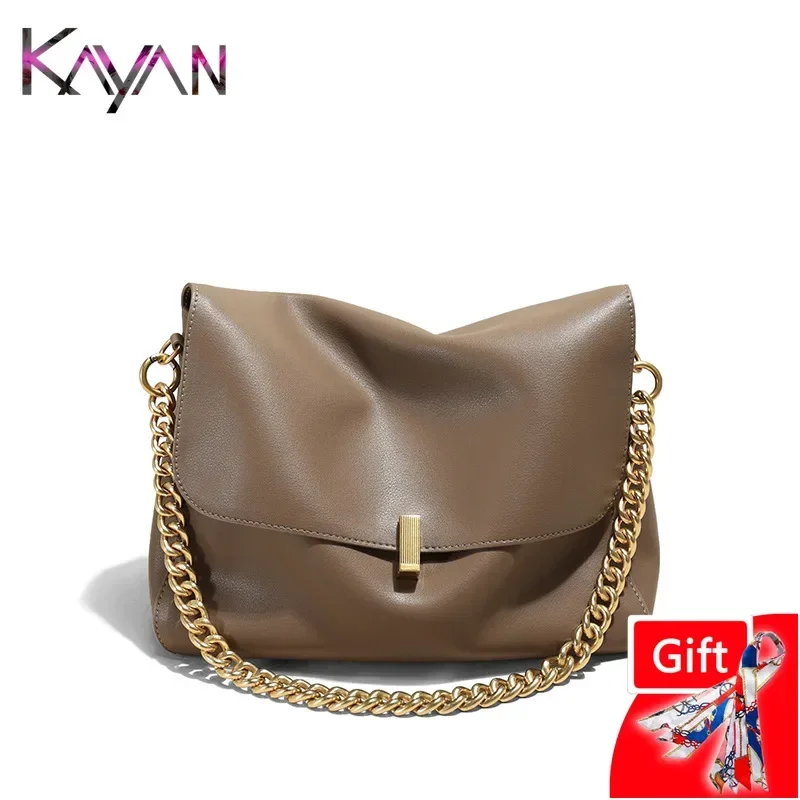 

2024 Large Korean Cow Leather Genuine Flap Shoulder Chain Bag Luxury Solid Genuine Leather Female Crossbody Handbag Messenger