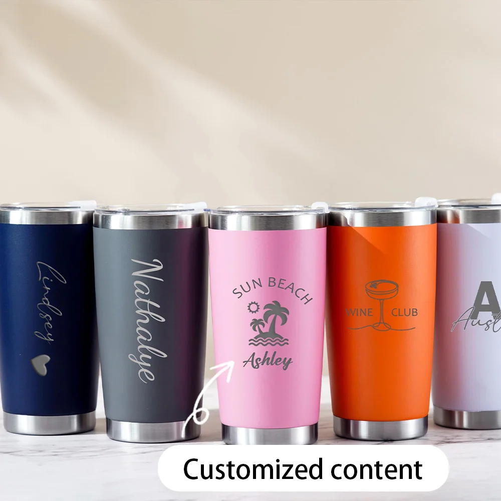 Customized 20oz Stainless Steel Tumbler Personalized Text Logo Engraved Travel Cup, Team Graduation Wedding Party Favor Gift.