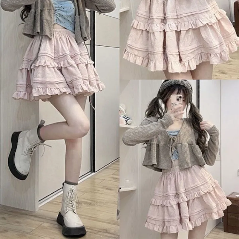 Jupes trapèze Harajuku à volants épissés esthétiques, jupe mignonne de style preppy, vêtements pour filles, dame de bureau, rue haute, rose, Y2k, Japon, nouveau
