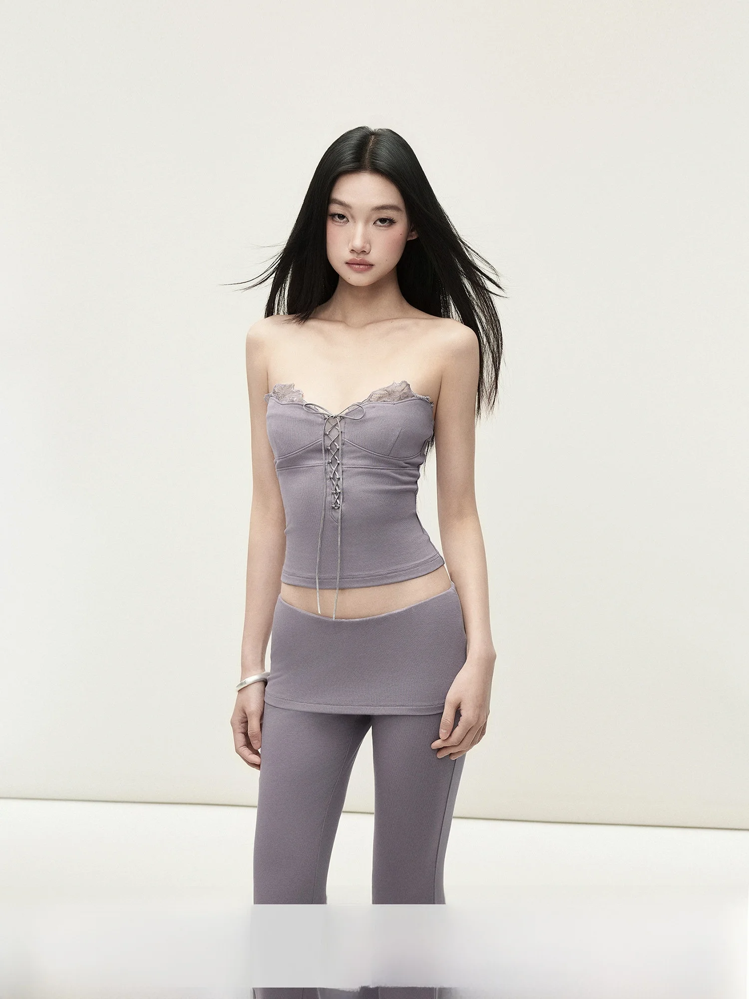 Matin Lace Petal Tied Rope Knitted Short Top Mesh Splicing Tight Fit Women's Vest Strap Summer Fashion Casual Lace Element