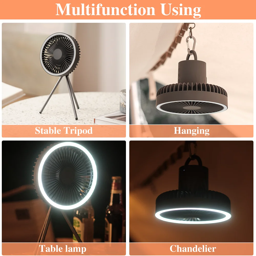 Tripod Stand Camping Fan USB Rechargeable Portable Wireless Ceiling Electric Fan With Power Bank Led Light Air Cooling Fan