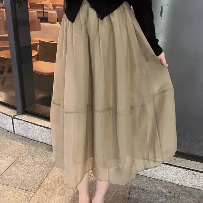 Summer Long Skirts Women Tulle Coolred Elegant Beach Vacation Solid High Waist Skirt Korean See-Through Chic Lady Sweet Dress