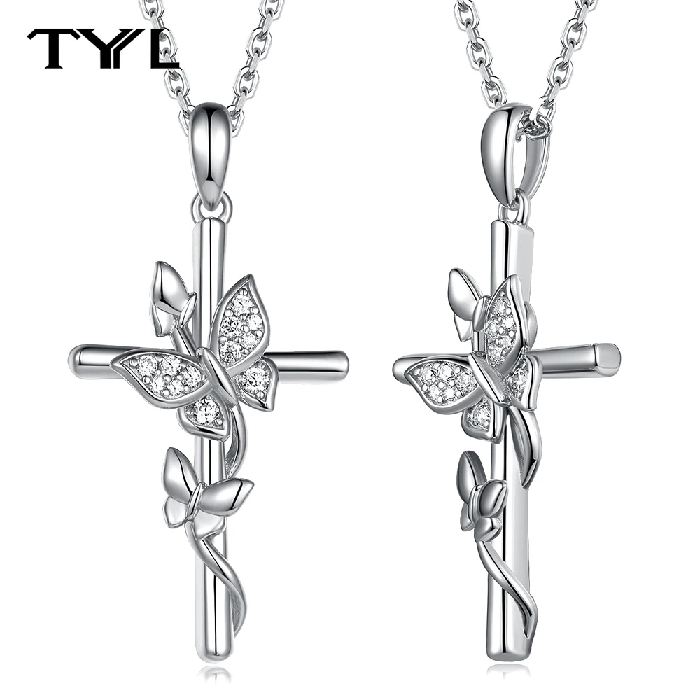 

TYYL 925 Sterling Silver Butterfly Wrap Cross Necklaces For Women Moissanite Pendant Fashion Christmas Valentines Jewelry Gifts