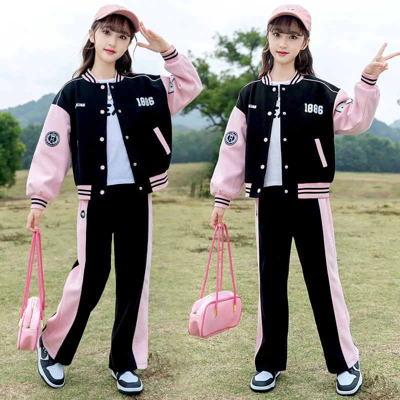

Korean Spring Autumn Junior Girl Tracksuit Teenager Girl Contrast Baseball Jacket+Straight Pants Child Workout Sets 4-12Years