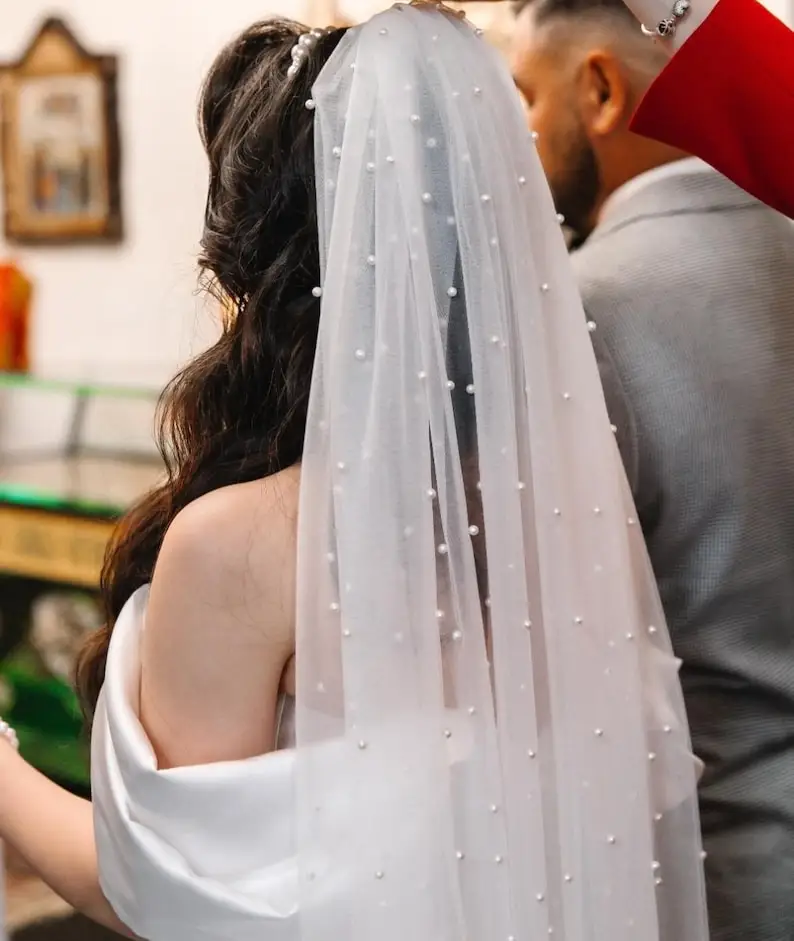 

Pearl Wedding Veil Shimmer Tulle Bridal Veil Cathedral Bridal Headpiece Hand Made Length Customizable