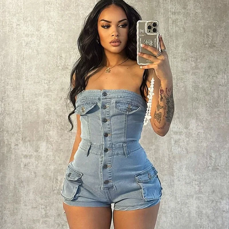 

Women Denim Strapless Button Up Playsuits Summer Pockets Fashion Vintage Beach Night Club Romper Jeans Short Jumpsuit