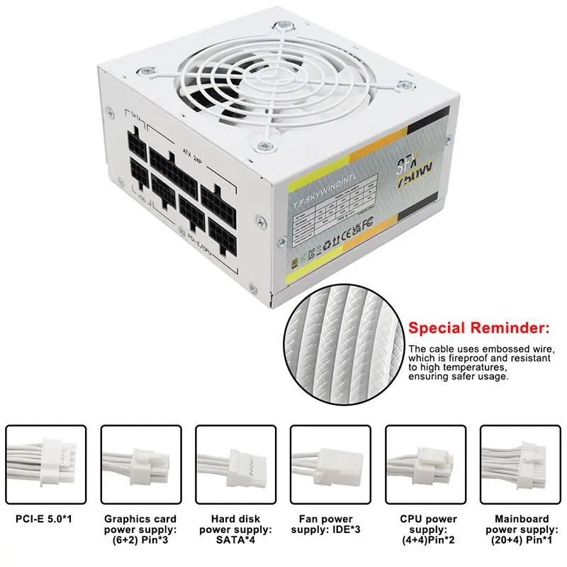 SFX 750W White Power Supply Full-Modular ATX3.0 PCIE5.0 For Mini ITX Chassis Small Computer Case 100/220V Input