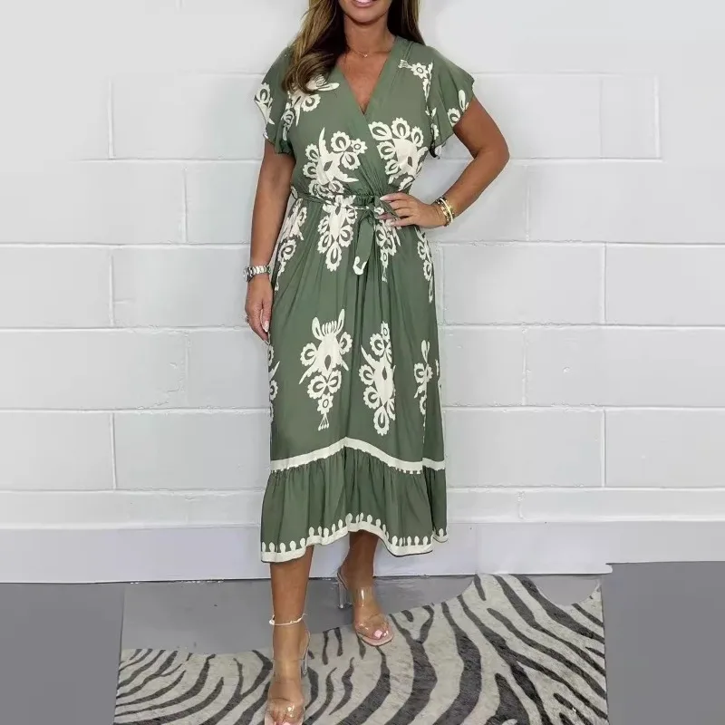 Damen-Kleid in Übergröße, lässig, Volantärmel, Krawattenmuster, hohe Taille, Bürokleidung