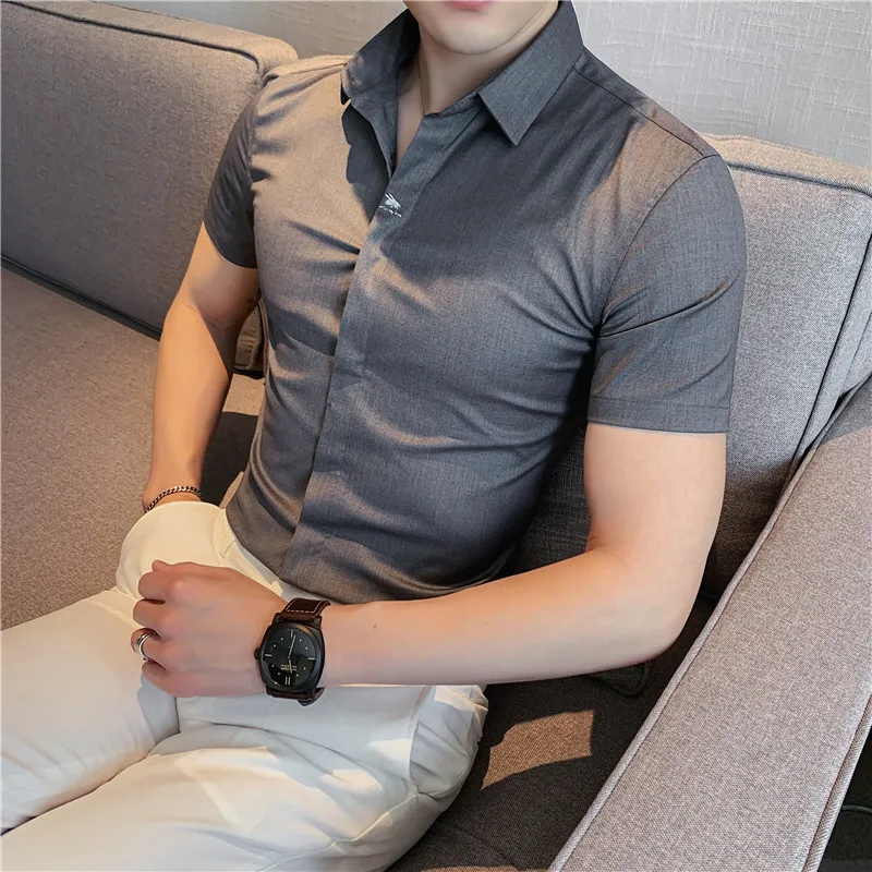 Plus Size 5XL High Elasticity Seamless Shirts Men Short Sleeve Top Quality Slim Casual Luxury T-Shirt Social Formal Dress Shirts