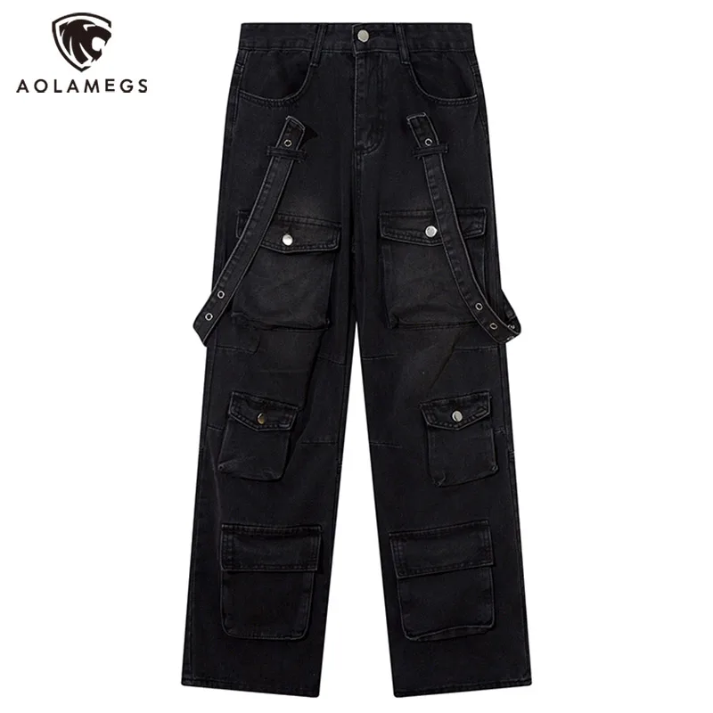 

Men Jeans Black Multiple Pockets Baggy Cargo Pants American Retro Wide Leg Straight Denim Trousers Y2K Hip Hop Streetwear Unisex