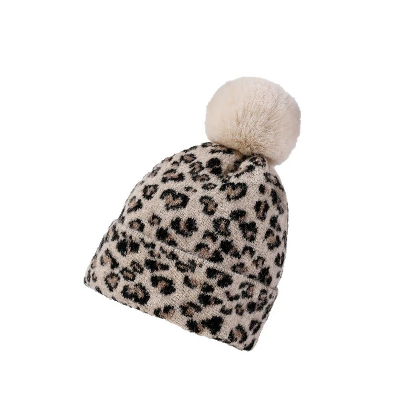 قبعة Pompom محبوكة دافئة جديدة بطبعة الفهد للنساء في الهواء الطلق بدون إطار قبعة بيني #4