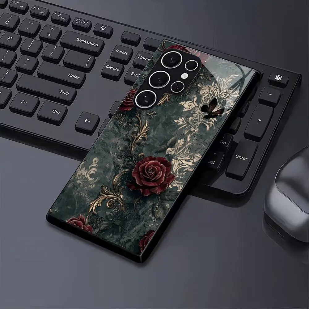 Retro black rose tempered glass phone case suitable for Samsung Galaxy S26 S25 S24 S23 S22 S21 S20 FE/Ultra/Plus anti drop