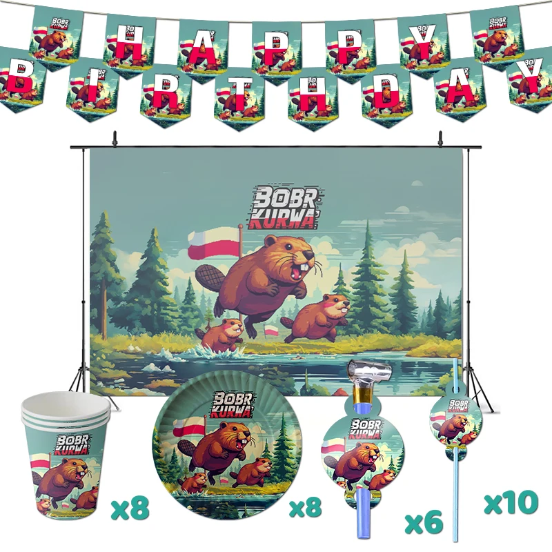 Bobr Kurwa Birthday Party Decorations Beaver Meme Theme Supplys Banner Cups Plates