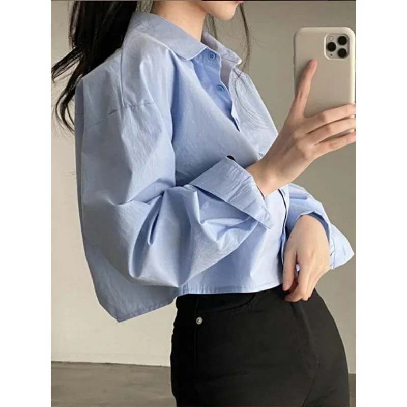 202 Spring Casual Long Sleeve Women White Shirt Korea Style Solid Button Split Woman Crop Tops Blouse Party Clothing ﻿