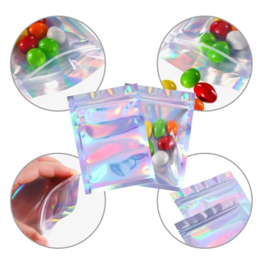 10Pcs/Lot Self-Sealing Laser Transparent Holographic Packaging Cosmetic Bag Gift Jewelry Pouch Display With Foil Zip Lock Bags