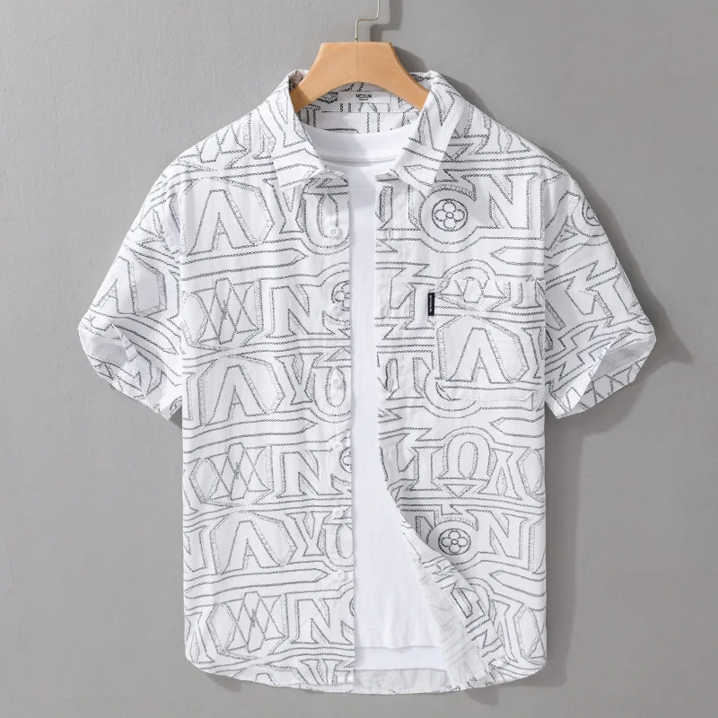 

Men's Casual Cotton irt Summer Trend Breathable ort Sve Letter Print Loose Fit Button down Daily Wear Thin Fabric
