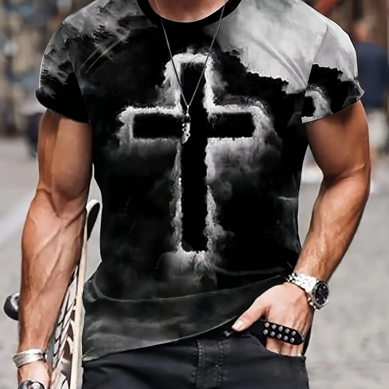 Summer Outdoor Men Novelty Short Sleeve Crew Neck T-ShirtLion and Sheep Crucifixion Creative 3D Graphic Print Tshirts