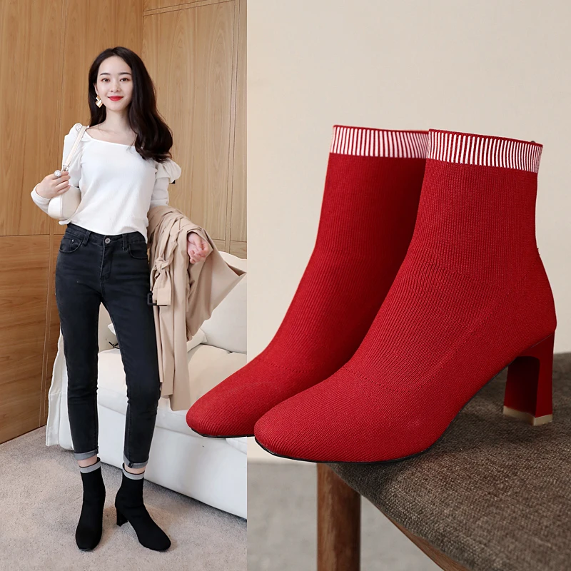 2021 Autumn and Winter New Knitted Socks Boots Women Thick Heel High Heel Small Short Boots Single Tube Elastic Boots Women