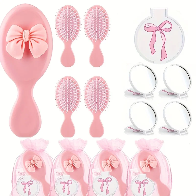 15 Stück/5 Sets Mini-Haarbürsten-Set, Partygeschenk für Frauen, Freundschaftsgeschenke, rosa Schmetterlings-Kompaktspiegel, Kartenetui – Detail 1
