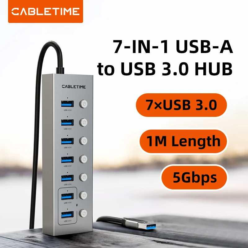 CABLETIME USB 3.0 HUB 5Gbps Dock Station 7-Port USB3.0 Splitter with Individual OFF/ON Switch for PC Laptop USB Ports Extender