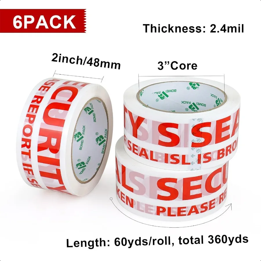 شريط عازل أمان BOMEI PACK يرجى التقرير إذا كان شريط تعبئة الطباعة المكسور مع موزع 2.4mil 2 بوصة × 60yds 6 لفات
