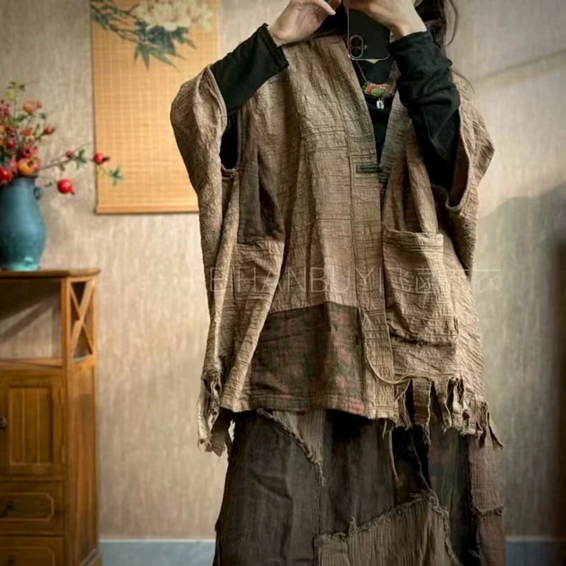 Wiosna Jesień Nowy Styl Artystyczny Damskie Kurtki z Rękawami Nietoperzowymi Zapinane na Jeden Guzik Vintage Patchworkowe Kurtki z Bawełny i Lnu Luźne Płaszcze z Dekoltem w Serek F086