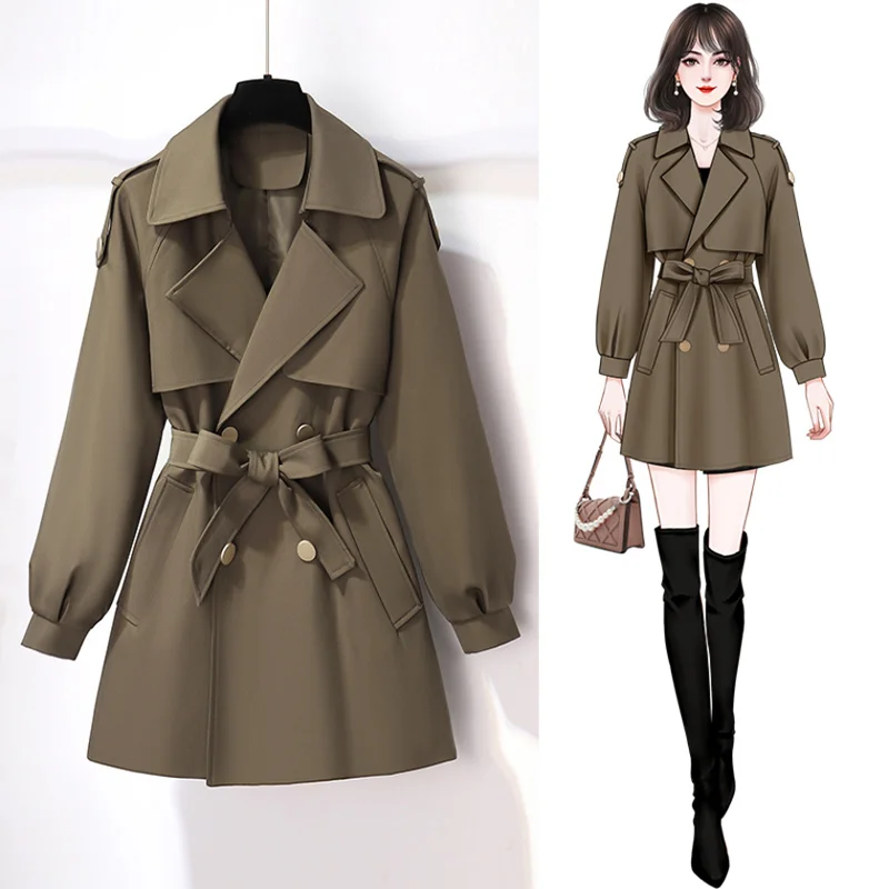 Women's Windbreaker Jacket, Short Overcoat, Casual Coat, Female Outwear, Loose Belt, Double-Breasted, Spring, Fall, New