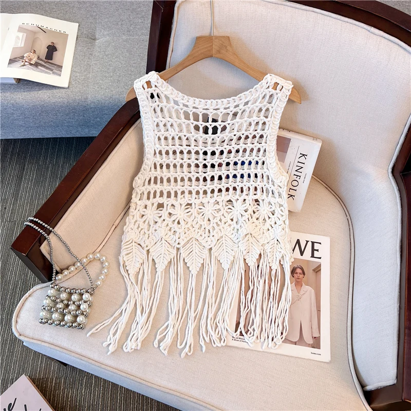 Summer Knitted Vest Tops Retro Sleeveless Tassel Shirt Fashion Women Hook Flower Hollow Out Pullovers Blouse