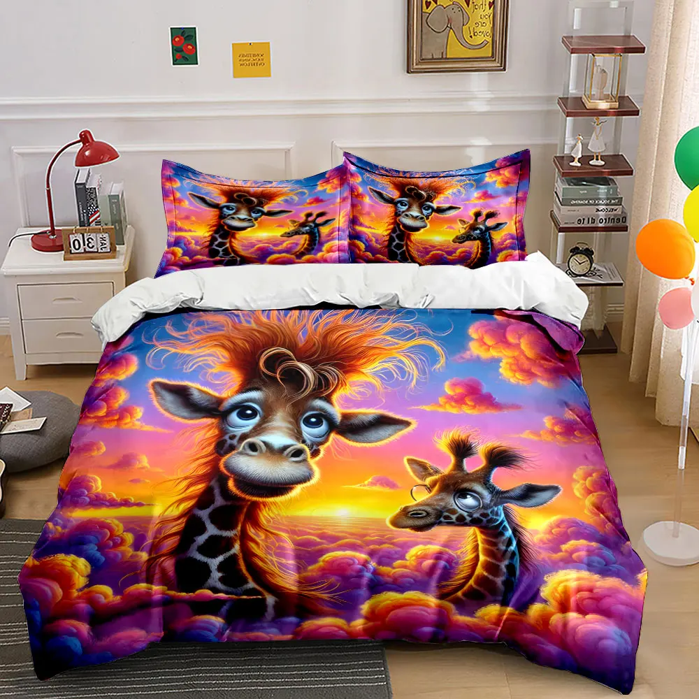Giraffes in colorful clouds at sunset Duvet Cover Set with 3D Printing Design Soft Polyester Bedding Set All-Season Comfort