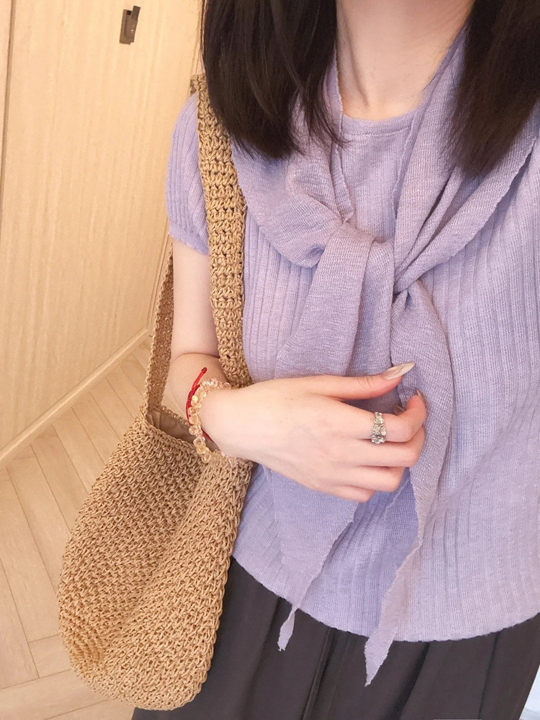 

Летний комплект XiaoYanHome: Мягкий фиолетовый тонкий трикотажный топ с коротким рукавом и шаль из ледяного шелка, стандартный крой, круглый вырез, для женщин