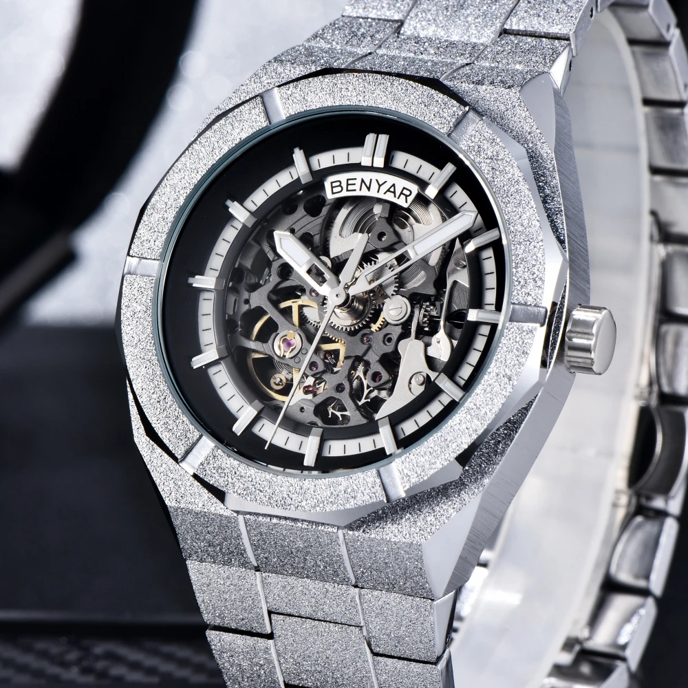 

BEYAR 2025 41MM NEW hollow design luxury men automatic mechanical watches stainless steel sports clock Reloj Hombre BY-5212