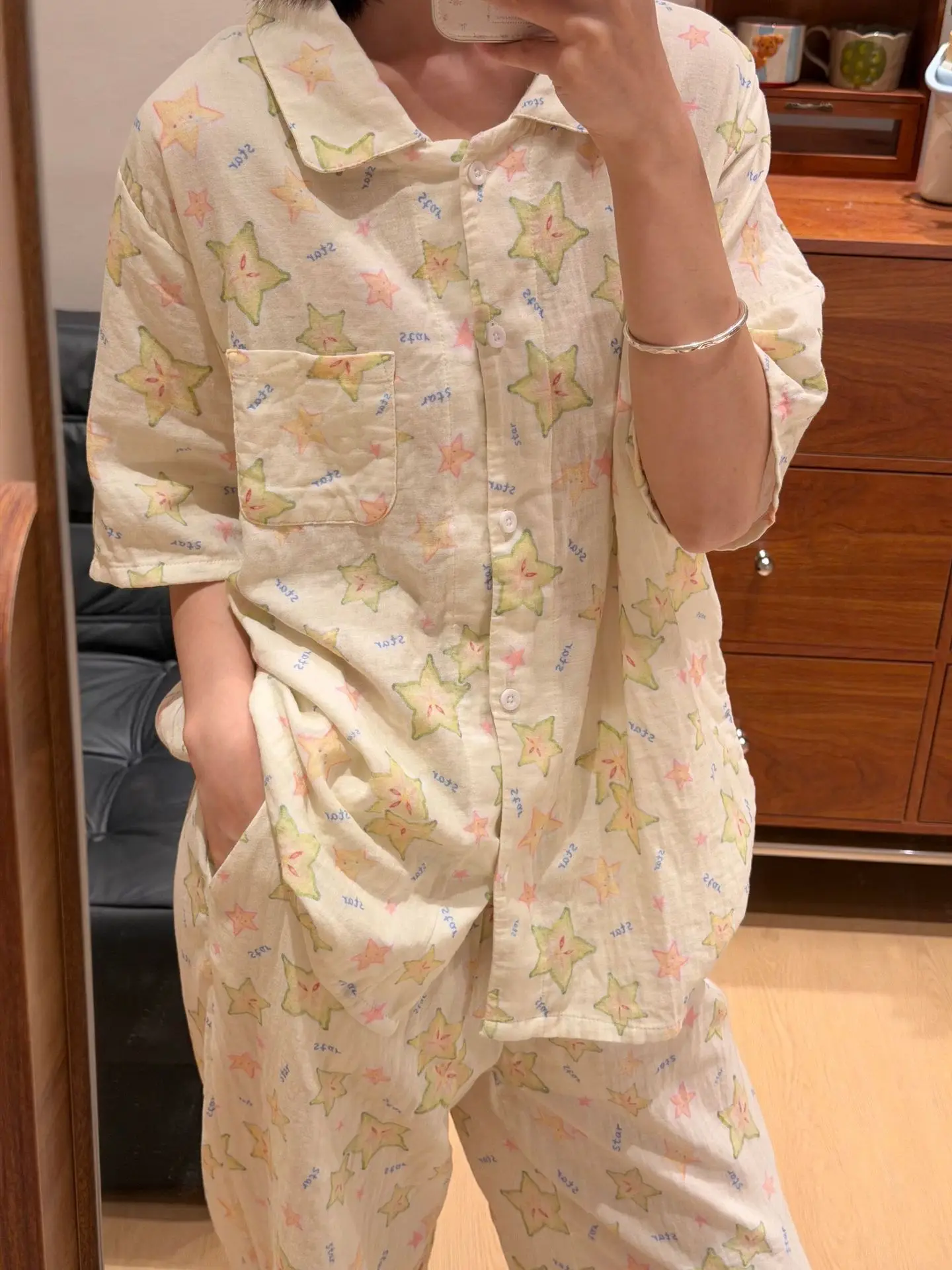 pure-cotton-long-pants-set-for-baby-girls-with-short-sleeves-and-collar-casual-home-clothes-double-layered-cotton-star-fruits