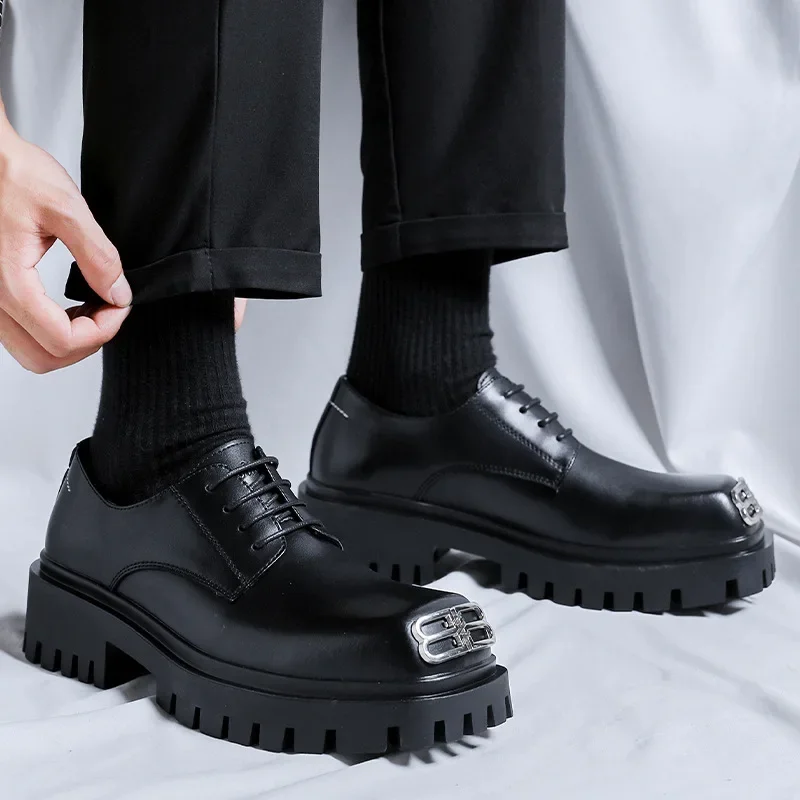 Casual Leather Shoes Men's Big Head Trendy Korean Style Thick Bottom Commuter Derby Shoes Adult Footwear Rubber Sole