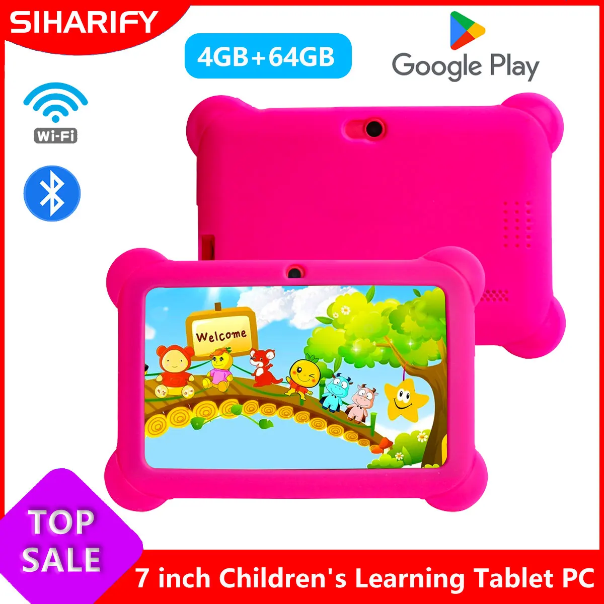 7 Inch 4GB 64GB Learning Tablet for Kids Android 14 Kids Tablet Toddler Educational Toy Gift for Children HD Dual Cameras